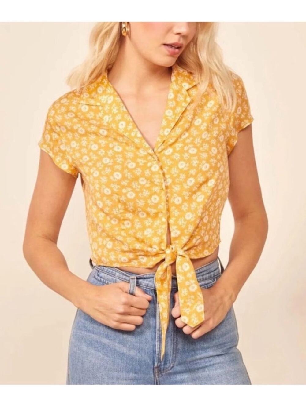 Reformation Yellow Floral Tie Front Button Up Crop Top Size XS